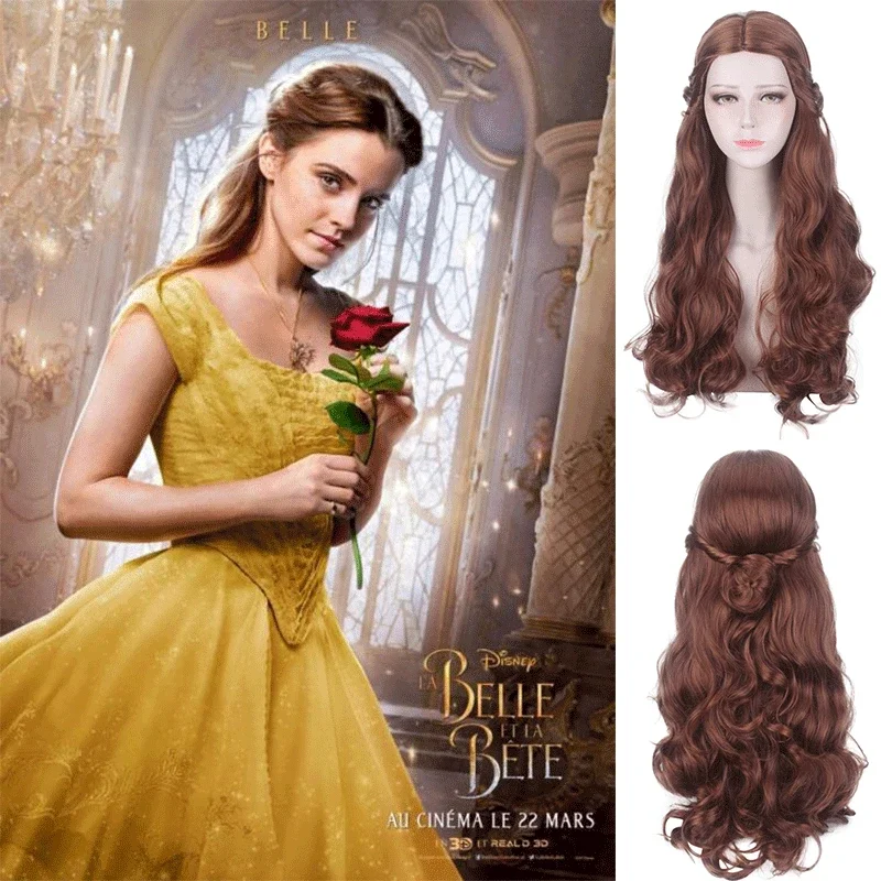 Cosplay 65CM Princess Belle parrucca donna marrone lunghi film ondulati capelli Halloween Party gioco di ruolo parrucche Costume