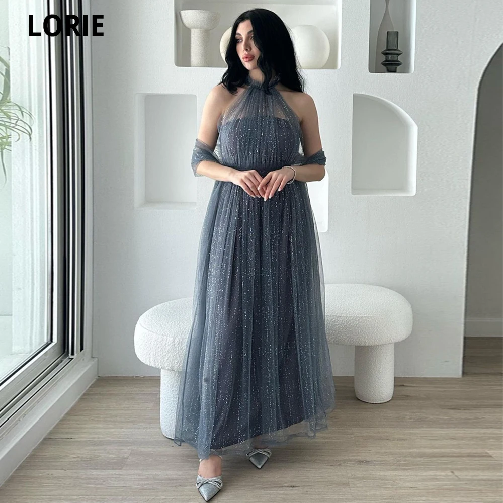 LORIE grigio scuro a-line abiti da sera Glitter Tulle Halter Robes De Soirée lunghezza alla caviglia Dubai Vestidos De Gala abiti da festa