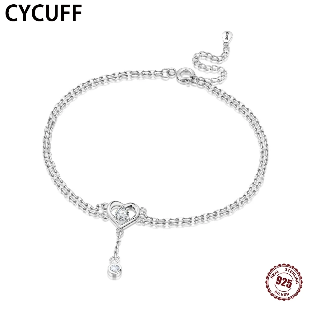 

CYCUFF 925 Sterling Silver Exquisite Anklets Hollow Inlaid Love Zircon Double Anklet Women Charm Jewelry Fine Birthday Party DIY