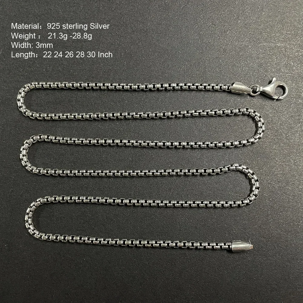 Genuine 925 Sterling Silver Jewelry Round Box Chain Thickened All-match Necklace for Men and Women Retro 22 24 26 28 30 Inch