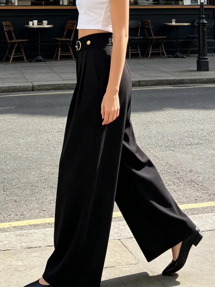 Women Wide Leg Pants High Waist Metal Buckle Pleated Suit Trousers Loose Full Length Pants for Office Commuter Daily Streetwear