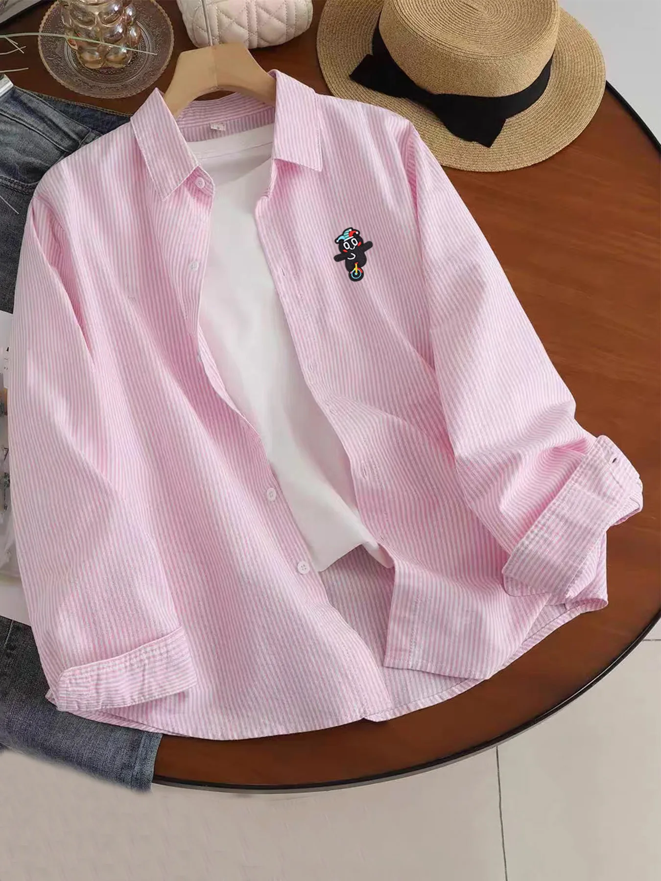 

Spring and autumn lightweight fun cartoon long-sleeve thin striped shirt, trendy men's versatile casual simple shirt