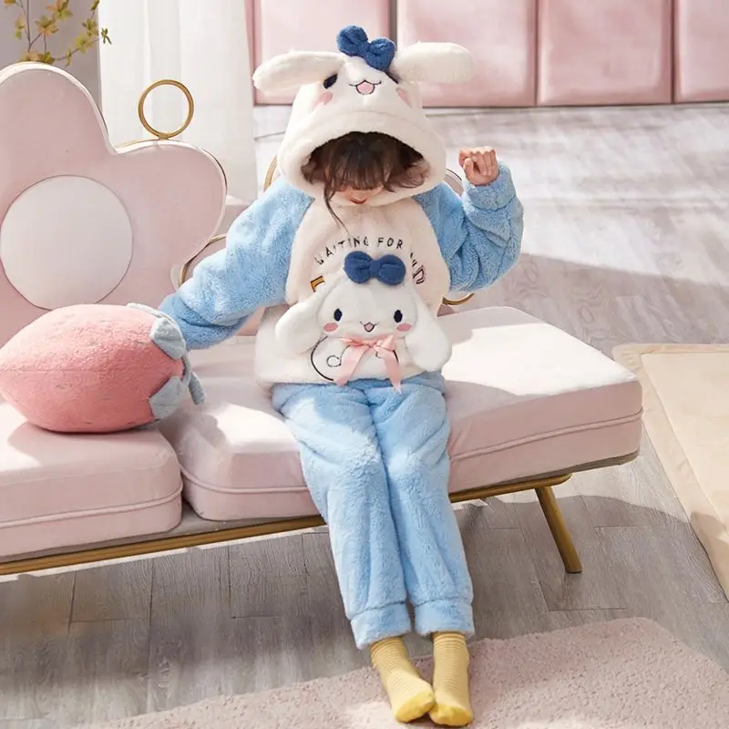 

Anime Autumn/Winter Girls Kuromi Coral Velvet Pajamas Cinnamoroll Hooded and Velvet Set Children's cartoon outdoor home clothing