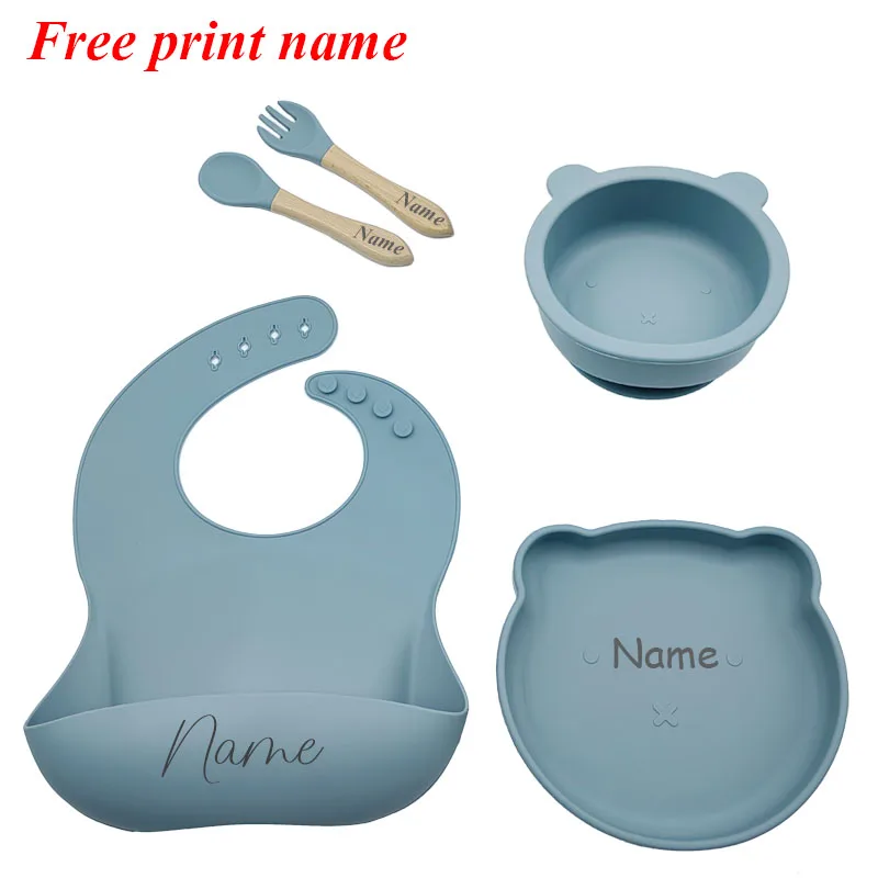 Baby Feeding Set Personalized Name Silicone Tableware Cute Bear Plate Bowl For Kids Bib Spoon Fork For Infant  Newborn Gift