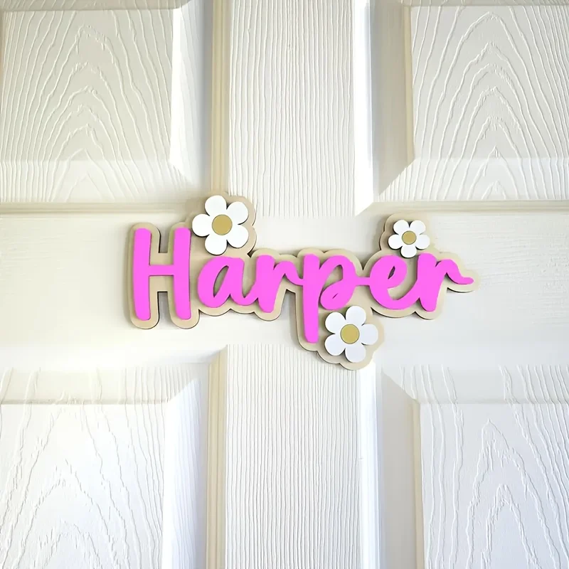 A double-layer letter wooden custom surname brand, with cute floral decorations on the wall, perfect birthday gift