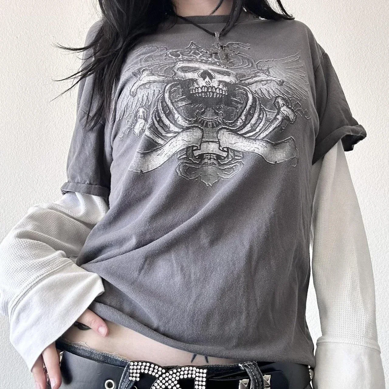 

2000s Retro E-girl Gothic Skull Cute Tops Y2K Grunge Cyber Layered Sleeve T-shirt Vintage Mall Goth Harajuku Pullovers Tees