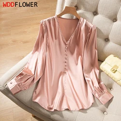 Women Silk Blouse 92% Mulberry Silk 8% Spandex 21 Momme Pink V Neck Long Sleeve Pullover Top Shirt Office Lady L XL XXL QQ013