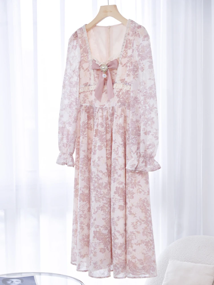 Sweet Pink Princess Dress Women Vintage Floral Print Puff Sleeve Dress Female French Style Elegant Kawaii Lace Bow Long Dresses