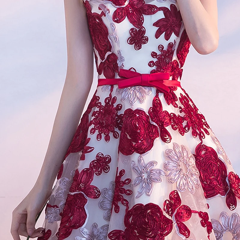 New Floral Print Burgundy Bridesmaid Dresses DongCMY Robe De Soiree 2024 Appliques O Neck Banquet Prom Gown