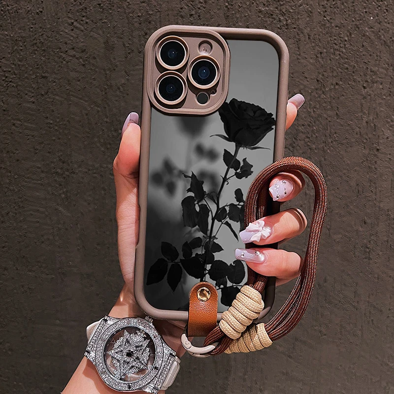 Schwarzes Rosen-Lanyard-Handyband für iPhone 15 16 17 Pro Max 14 13 12 11 Pro Plus XS XR Stoßfeste Matte Silikonhülle – Detail 7