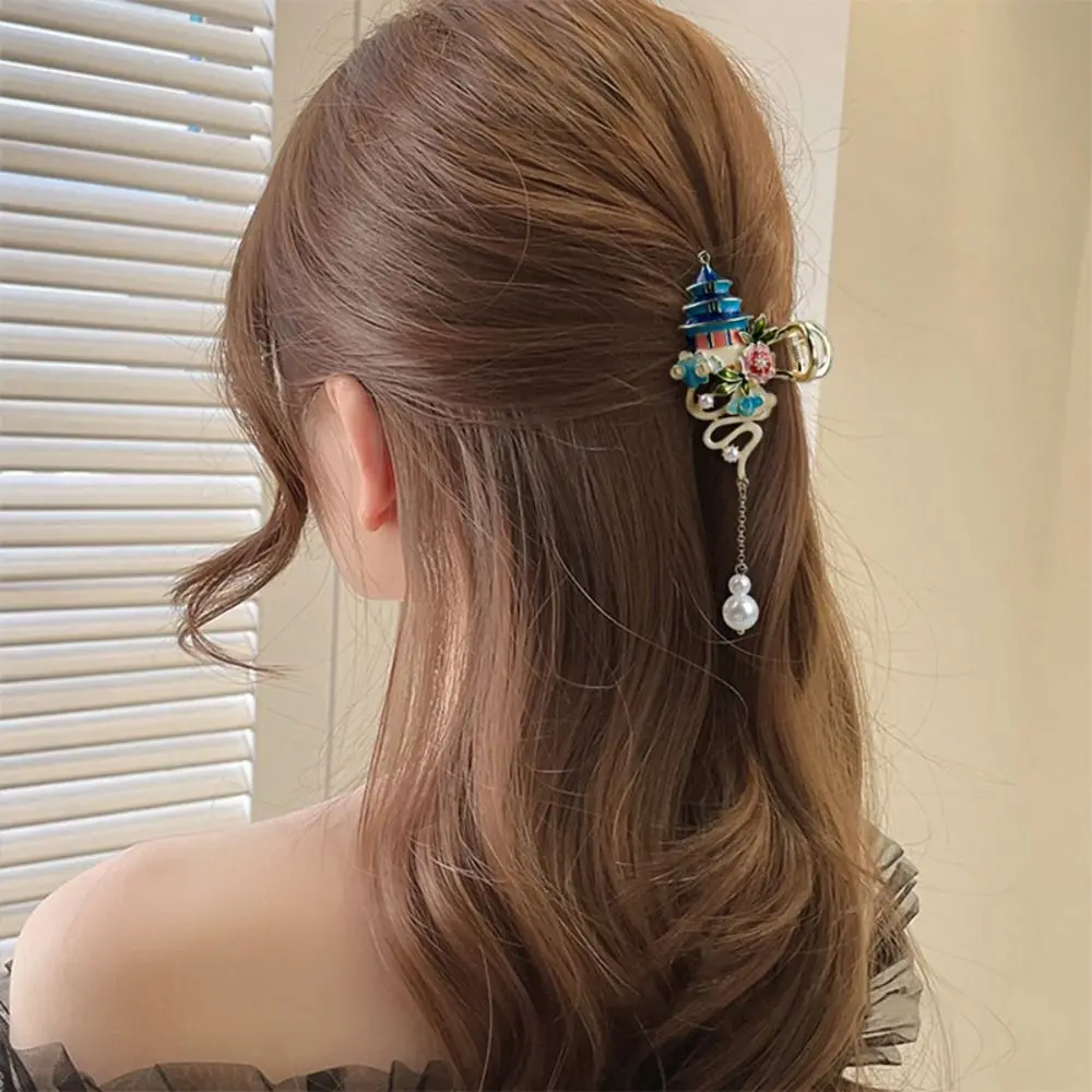 

Tassels Chinese Style Hair Claw enamel Ponytail Holder Cheongsam Design Hair Clip Hair Accessories Pearl Metal Shark Clip Travel