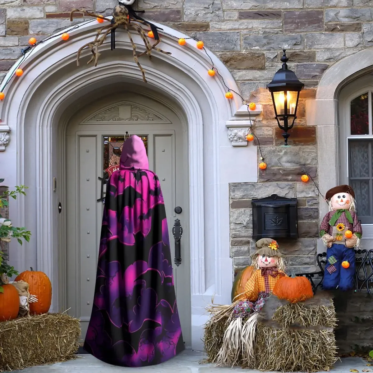 Custom Halloween Bats Long Hooded Cloak Witch Medieval Costume Cosplay Cape HalloweenParty Adult Unisex view 4