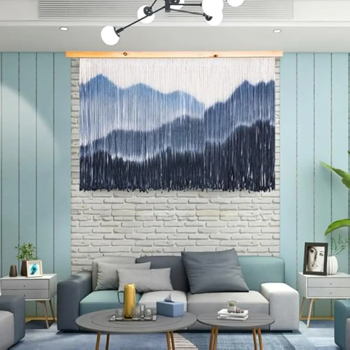 Extra Large Handcrafted Cotton Macrame Tapestry with Mountain Landscape Motif Dip-Dyed in Organic Tones Features Natural Fiber