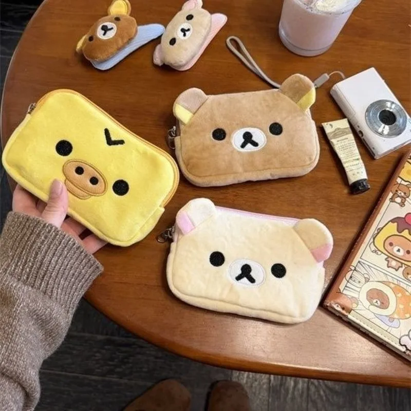 Kawaii Rilakkuma Plush Coin Wallet Anime Periphery Cute Kiiroitori Zipper Wallet Soft Fluffy Card Bag Cosmetics Storage Bag Gift