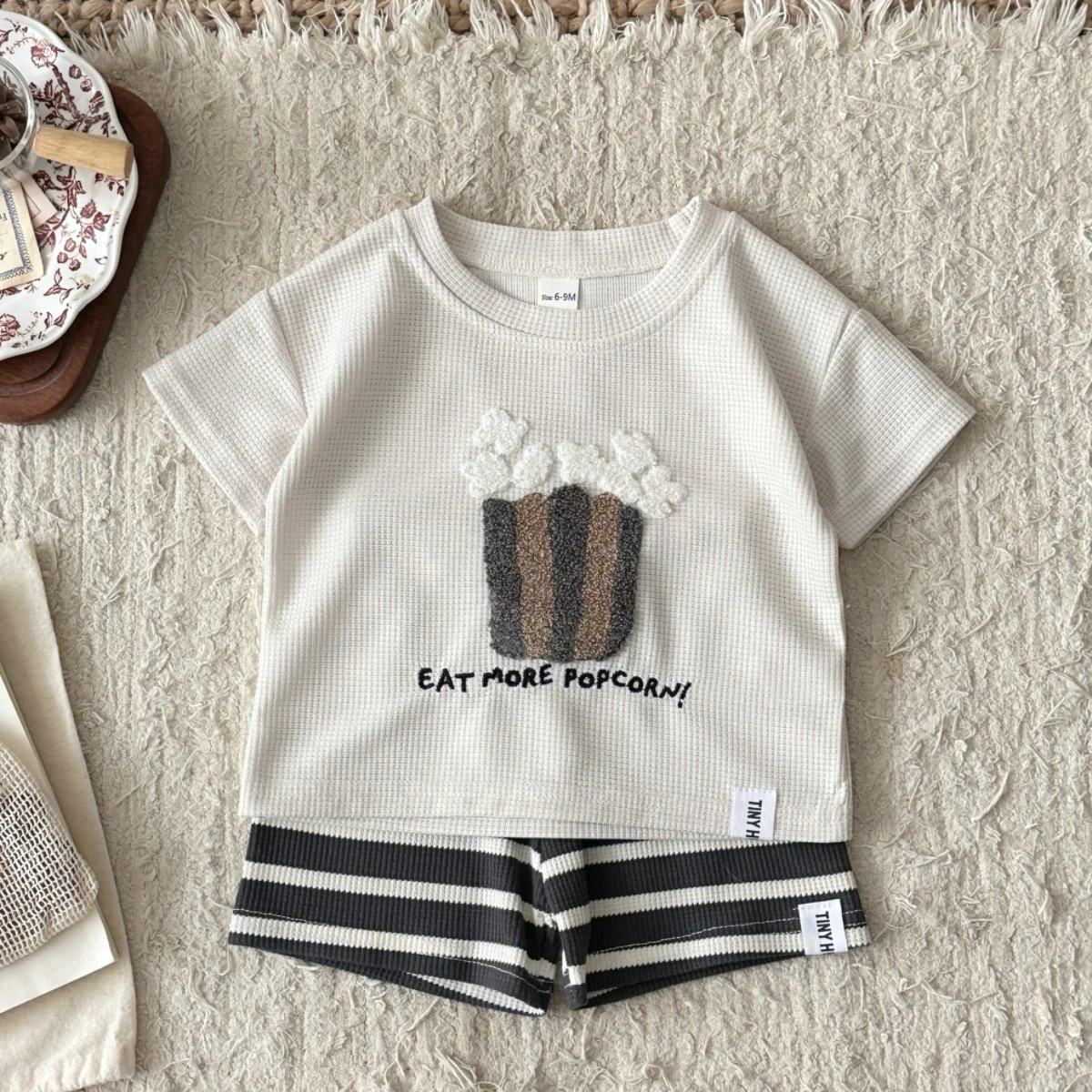 Popcorn Pattern Short Sleeve Suit For Baby Clothes Summer Cartoon Tshirt Shorts Children Two Piece Set Toddler Costume