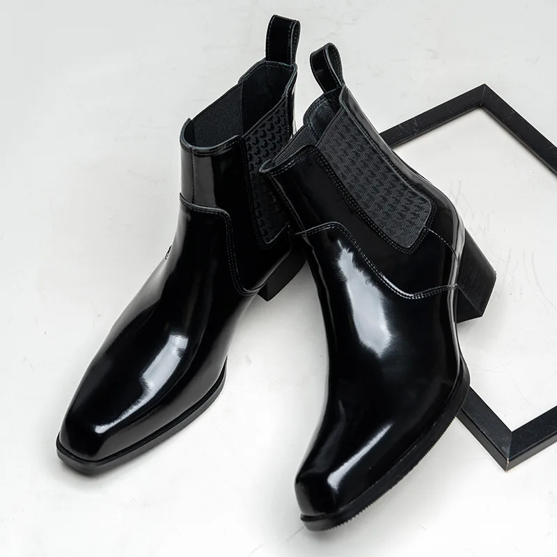 Luxury Patent Leather Mens Ankle Boots with Heels Genuine Leather 2024 Winter Warm New Wedding Social Shoes for Male 5 Cm Height