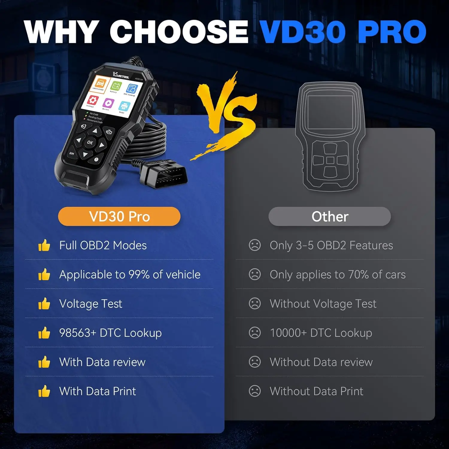 VDIAGTOOL VD30PRO OBD2 Scanner Car Engine Fault Code Reader OBDII Diagnostic Check Engine Light Live Data Battery Voltage Tester view 2