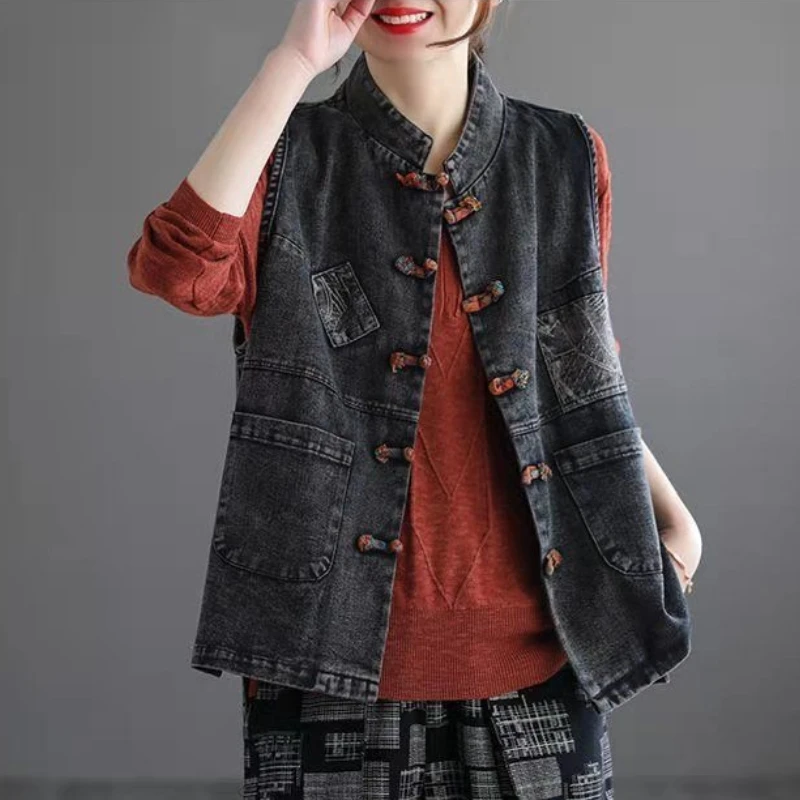 2024 Spring and Autumn Chinese Style Fashion Cardigan Vest Jackets Loose Patchwork Pockets Distressed Women\'s Jacket Coats Top