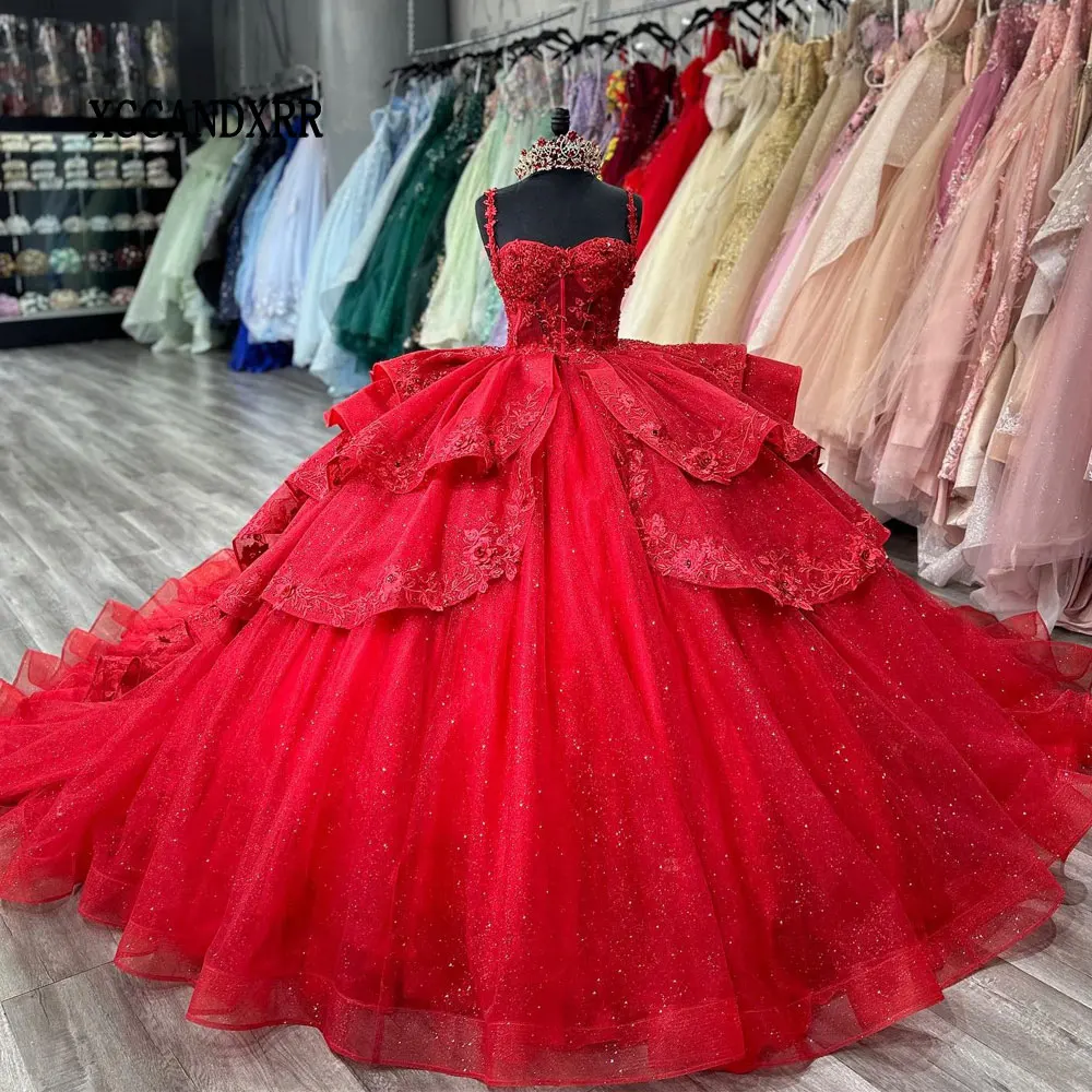 

Layers Red Quinceanera Dresses 2024 Sweetheart Birthday Party Princess Sweet 16 Gown Lace Appliques Pageant Vestidos De 15 Años