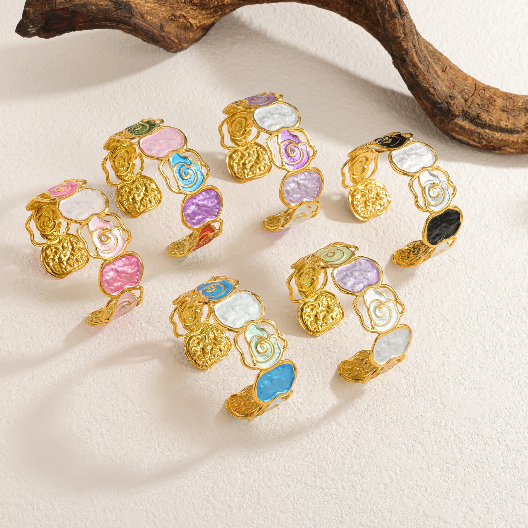 خمر الأزياء زهرة شكل النفط يقطر الإسورة الذهب اللون مخرمة الفولاذ المقاوم للصدأ سوار للنساء هدايا عيد الميلاد مجوهرات