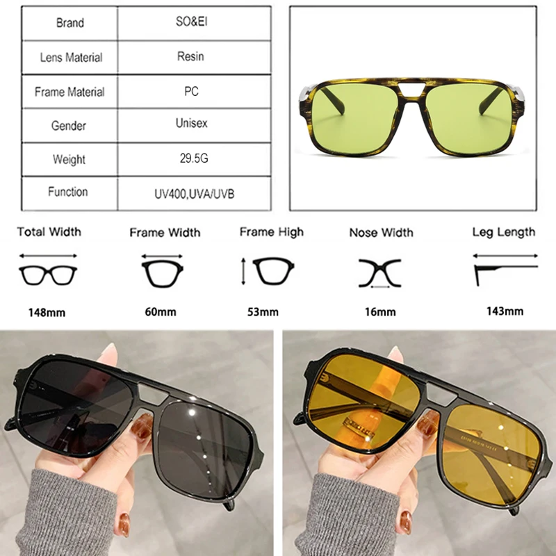 SO&EI Retro Double Bridges Square Women Luxury Sunglasses Fashion Yellow Green Shades UV400 Men Gradient Sun Glasses