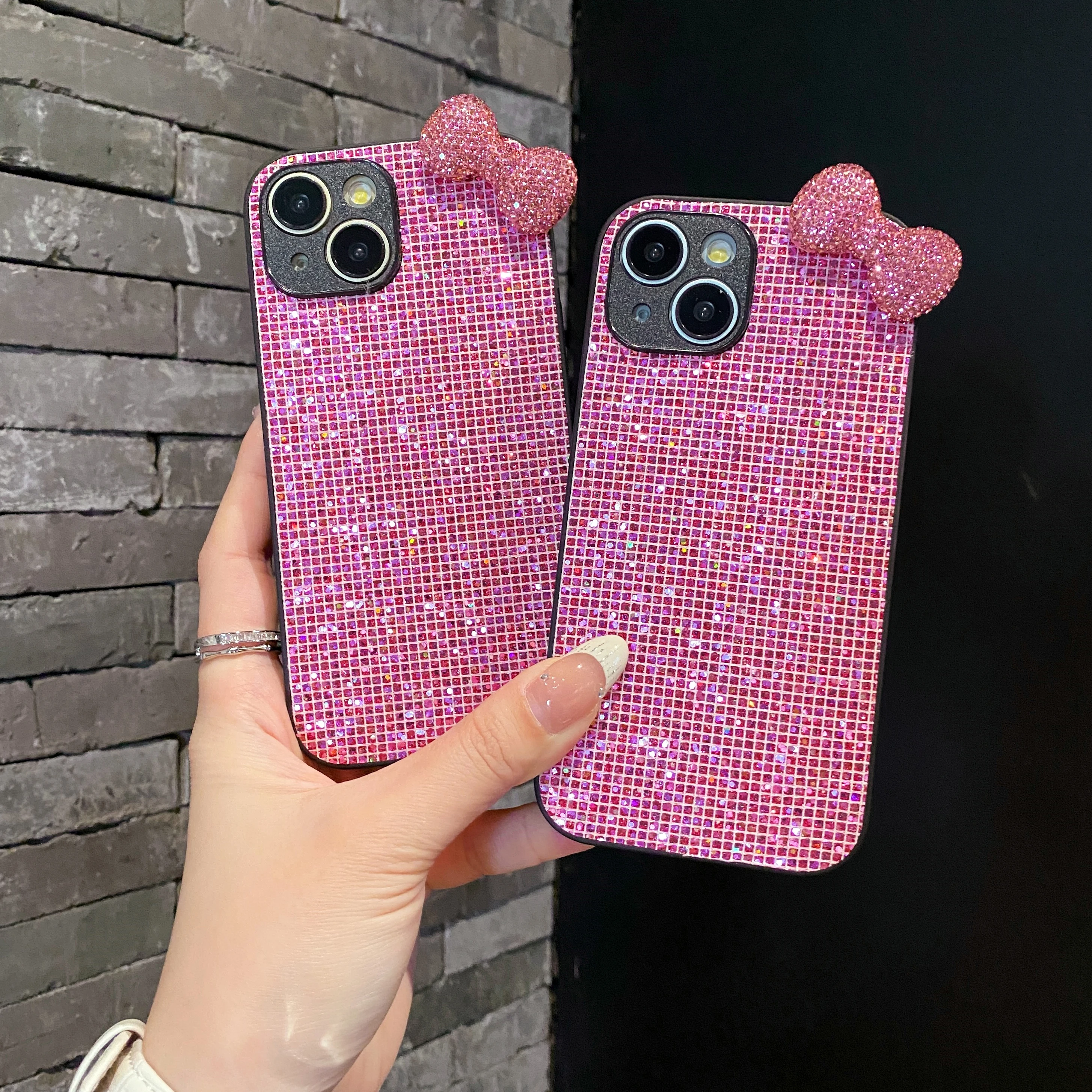 럭셔리 라인스톤 보우 그리드 패턴 글리터 폰 케이스 (아이폰 17, 16, 15, 14, 13, 12, 11 플러스, 프로, 맥스, 16E, 17 에어 블링 스팽글 커버)