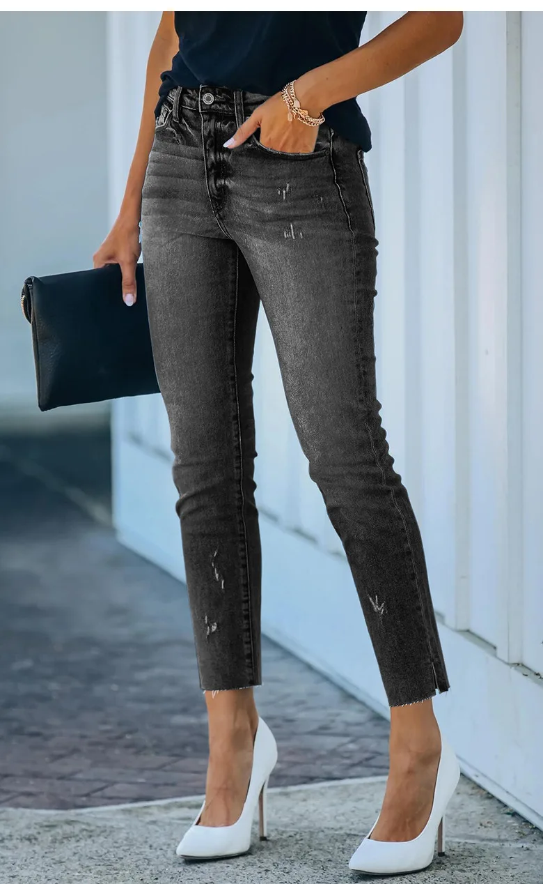 2023 Spring New Women\'s Mid-Waist Ripped Jeans Fashion High Elasticity Slit Ankle-Length Denim Straight Pants Female Clothing