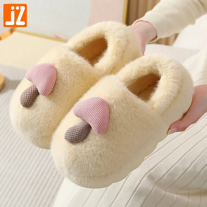 Women's Winter Warm Fluffy Plush Slippers Cute Cartoon Mushroom Home Cotton Shoes Woman Indoor Outdoor Thick Sole Furry Slippers