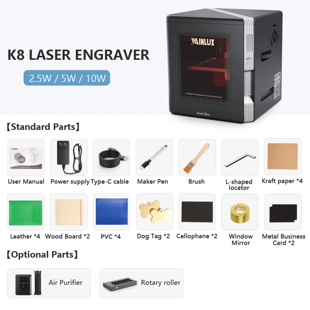 WAINLUX K8 Mini Blue Laser Engraving Machine Ultimate Desktop Laser Engraver 2.5W 5W 10W for Productivity DIY Small Businesses