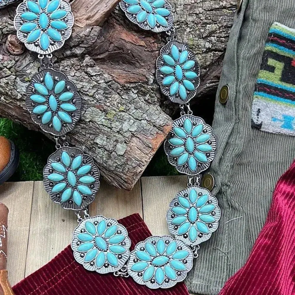 Bohemian turquoise flower carved metal waist chain, retro style dress belly chain, women's belt