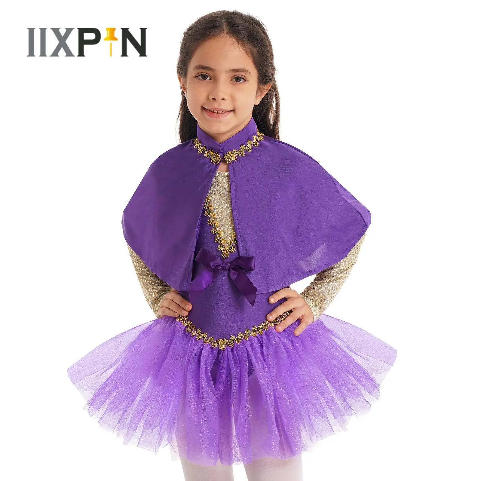 

Kids Halloween Cosplay Showman Costume Outfit Girls Sequined Splice Glitters Mesh Dance Leotard Dress With Cape Arm Sleeves Set