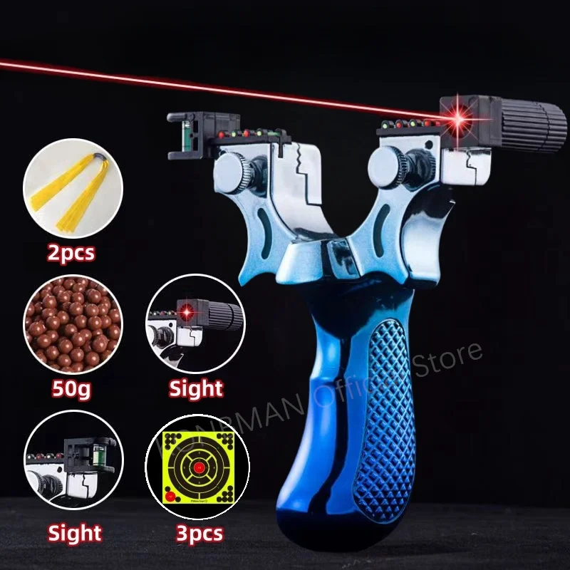 Laser Aiming Slingshot Anti Slip Gradient Blue Slingshot Outdoor Hunting Shooting Rubber Band Steel Ball Practice Set