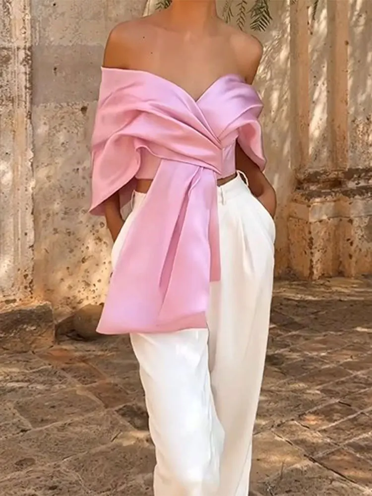 2024 Summer Women High Street Party Club Tops Sweet Satin Bow Pleated Tops Female Sexy Off Shoulder Backless Cropped Pink Vest