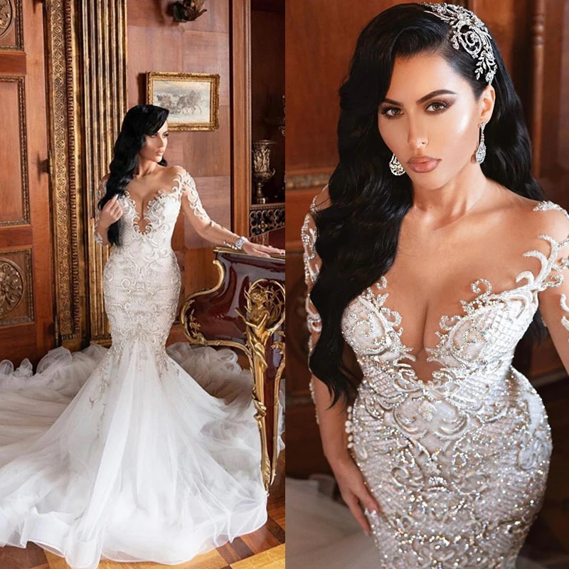 

Luxury Arabic Mermaid Wedding Dresses Long Sleeve Lace Wedding Gowns Sheer Illusion Custom Made Bridal Dress