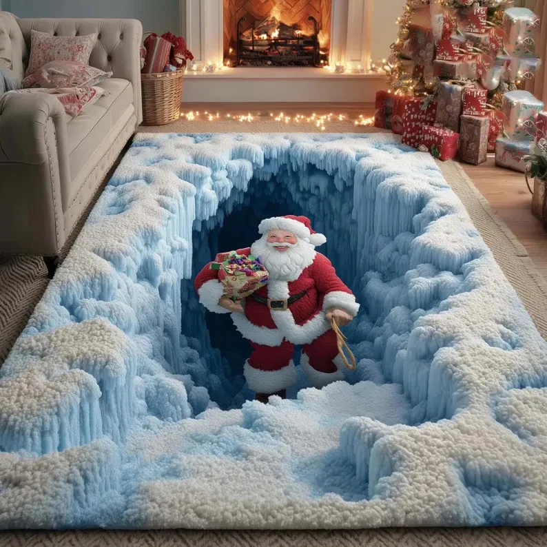 3D Santa Claus Christmas Rug Funny Optical Illusion Flannel Mat Christmas Snow Dwarf Old Man Printed Carpet Christmas Decoration
