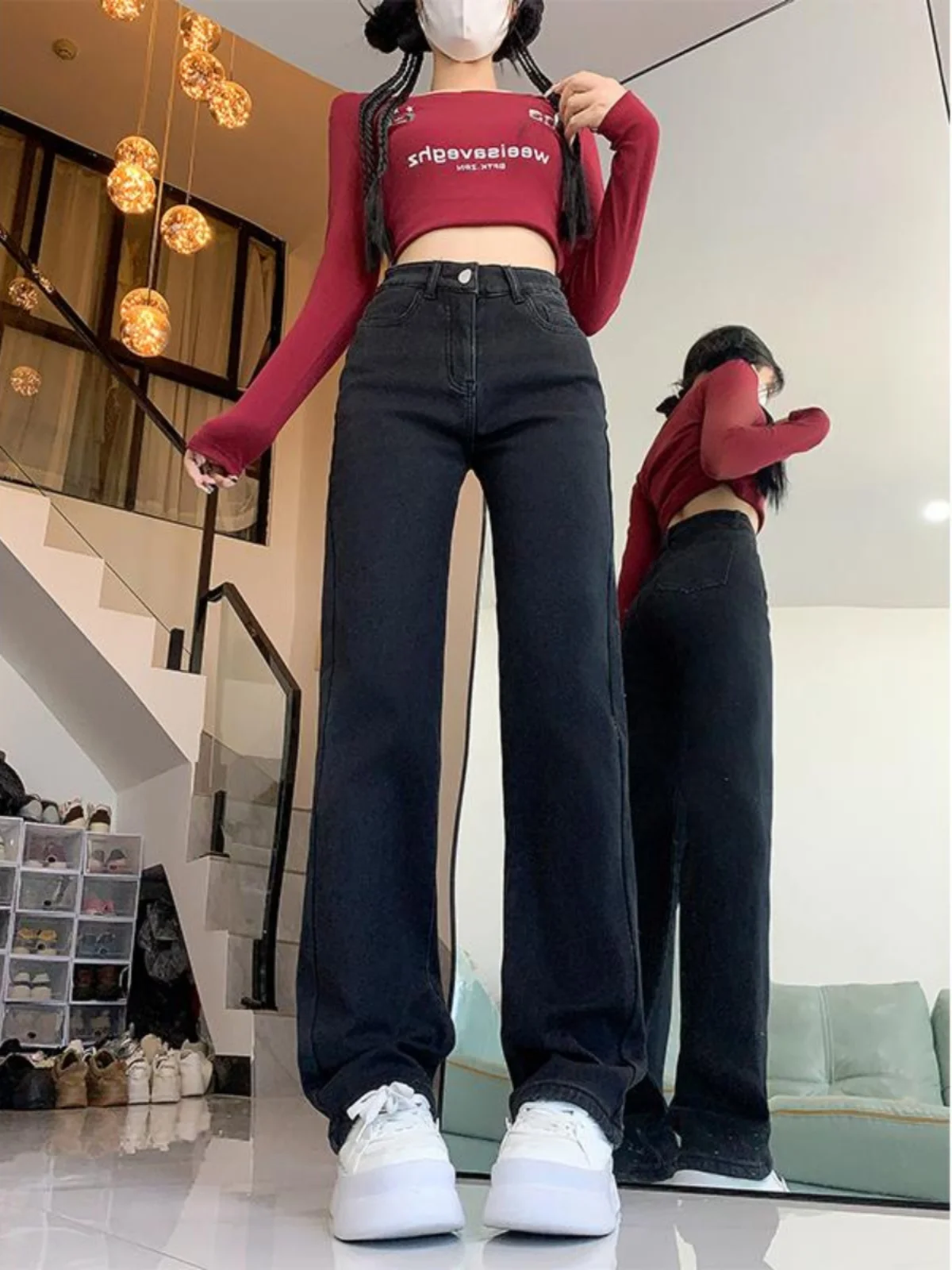 プラスサイズ Fce 裏地付きストレートレッグジーンズ レディース ハイウエスト スリムフィット パンツ 秋の新作 スレ コットンストレッチデニム