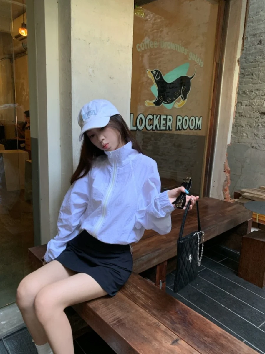 

Summer New Women Two Piece Skirt Sets Simple Casual Stand Collar Long Sleeve Sunscreen Jacket + High Waist Short Slim Skirt