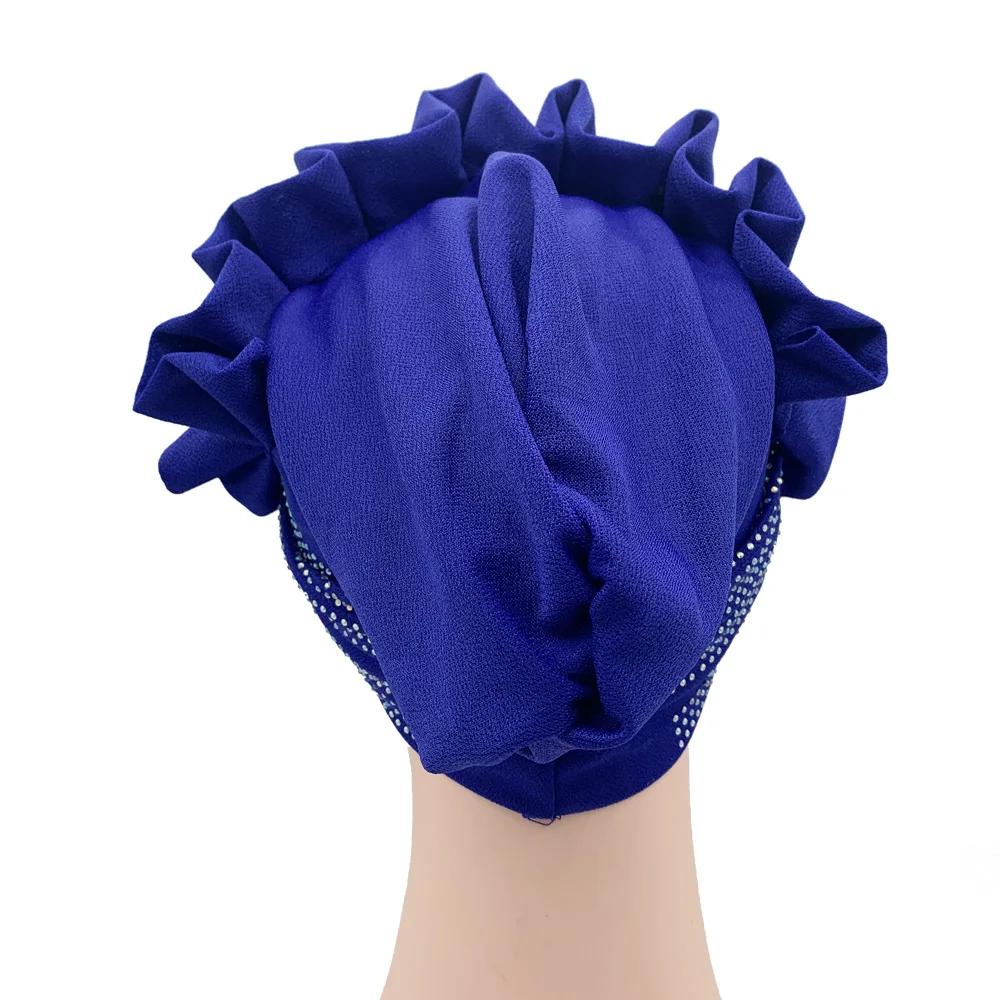 Shining Diamonds Women\'s Turban Cap Ruffle Flower Pleated Head Wraps Muslim Headscarf Bonnet Femme Musulman Turbante Hat