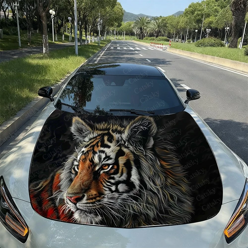 Tiger Charge Up Car Hood Sticker PVC Self Waterproof Stick, Striking Auto Exterior Accessories Decor Protect Gift for Car Lover