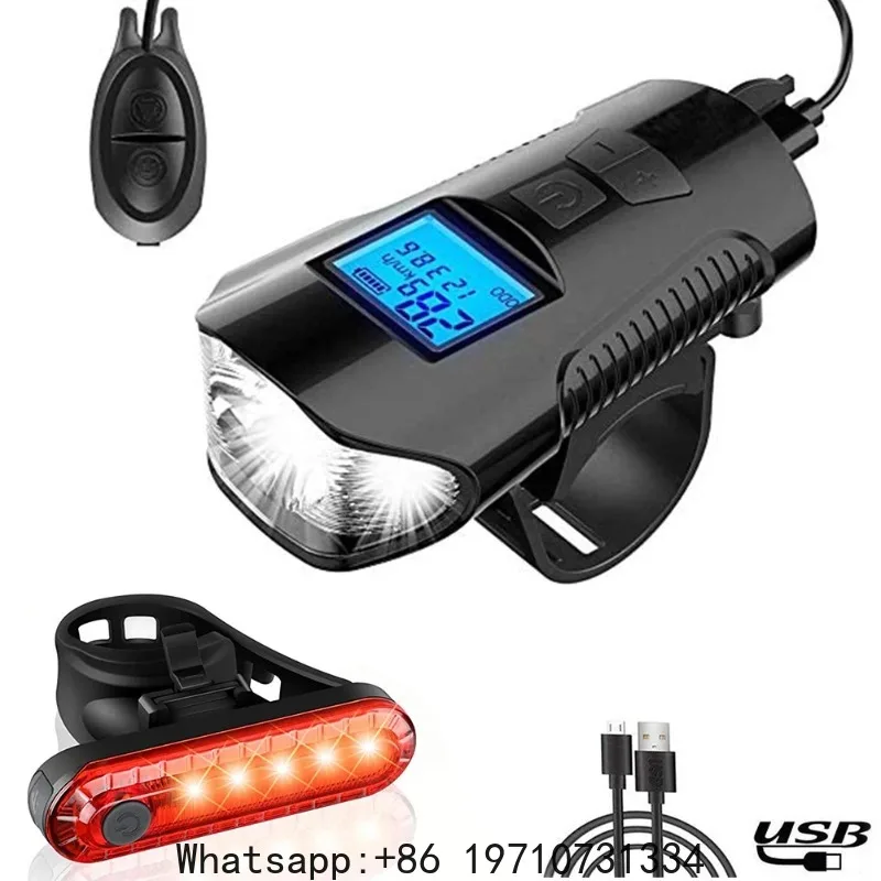 Bike Light Set,Bicycle Headlight with Horn and Speedometer Odometer,USB Rechargeable Bike Front Light and Tail Light