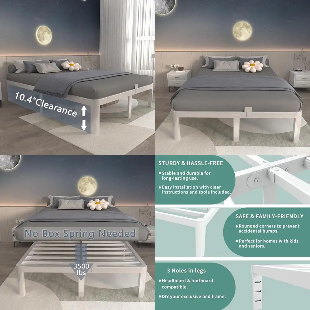 

12-дюймовая белая металлическая кровать-платформа размера Queen с круглыми ножками, простая сборка, не требуется пружинный блок, место для хранения под кроватью