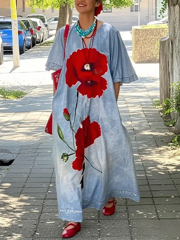 2026 Loose Flower Print Maxi Dress for Woman Not Denim Vintage Half Sleeves V-neck Women's Summer New Casual Vacation Long Dress