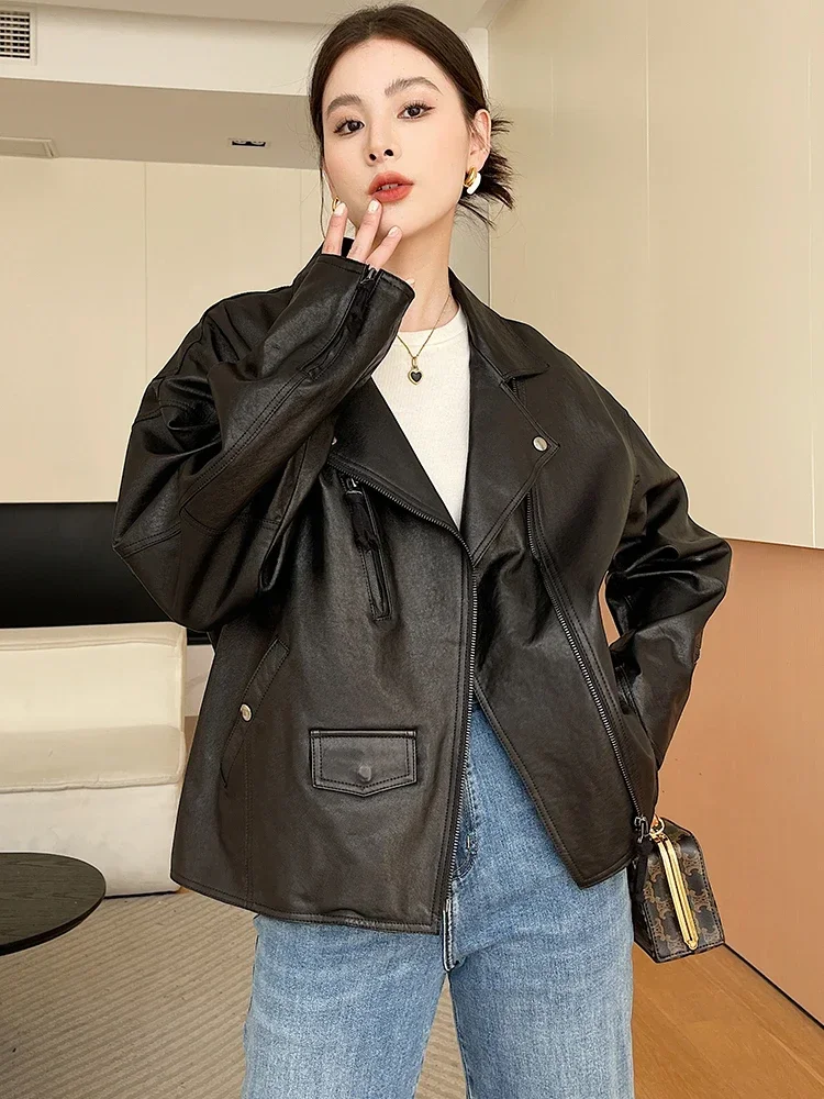 

Classic Genuine Leather Motorycle Jackets for Women Simple Casual Loose Black Real Sheepskin Coat jaqueta de couro feminina