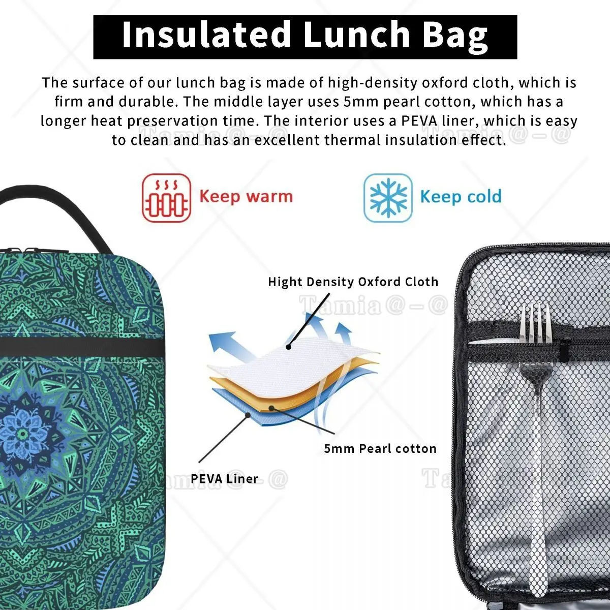 Green Bohemian Mandala Insulated Lunch Bag for Women Kids Portable Food Boxes Thermal Lunch Box Tote