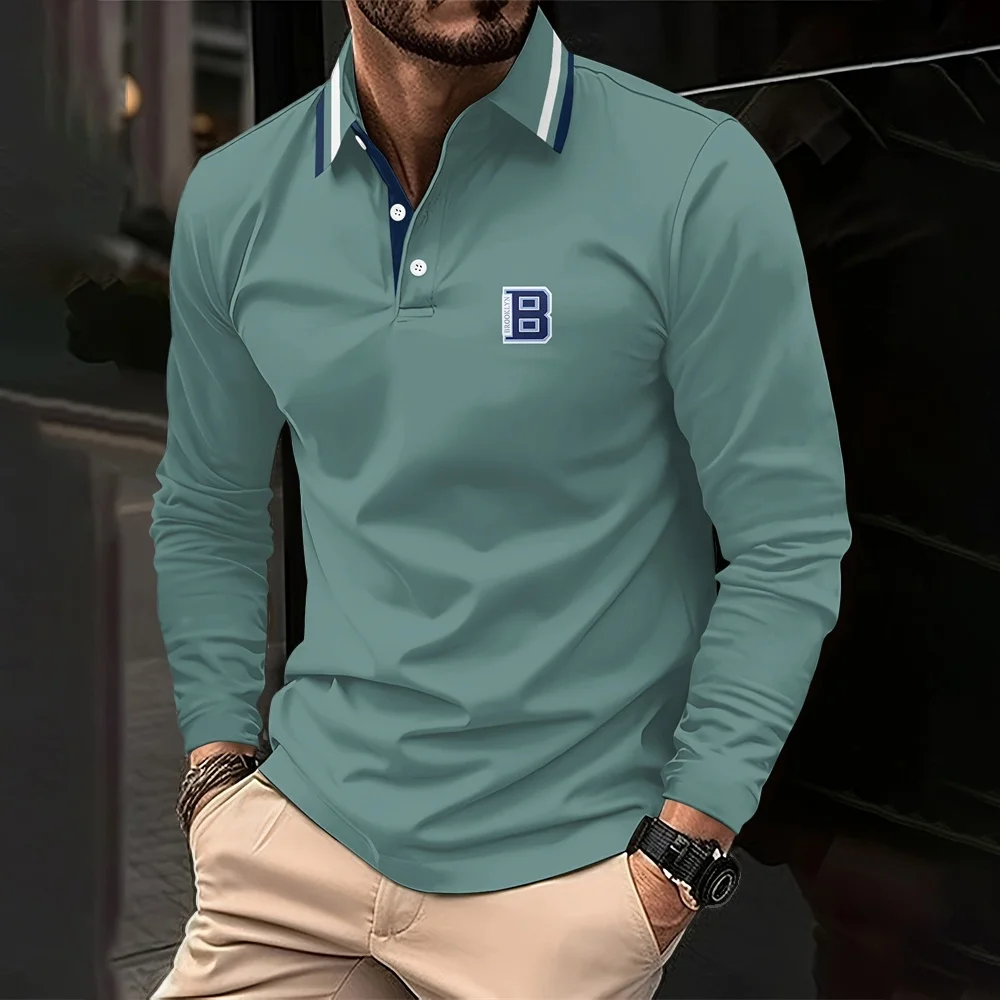 الرجال الربيع والخريف عارضة تنفس مريحة قميص بولو حار بيع أزياء رجال الأعمال طويلة الأكمام تي شيرت قميص