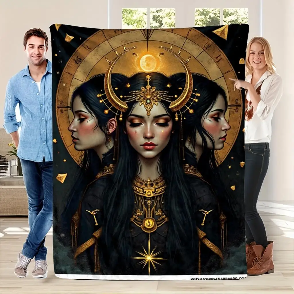 1pc Dark Fantasy Hecate Goddess Printed Throw Blanket, Gothic Moon & Crescent Design, All‑Season Soft Blanket, Home Office Decor