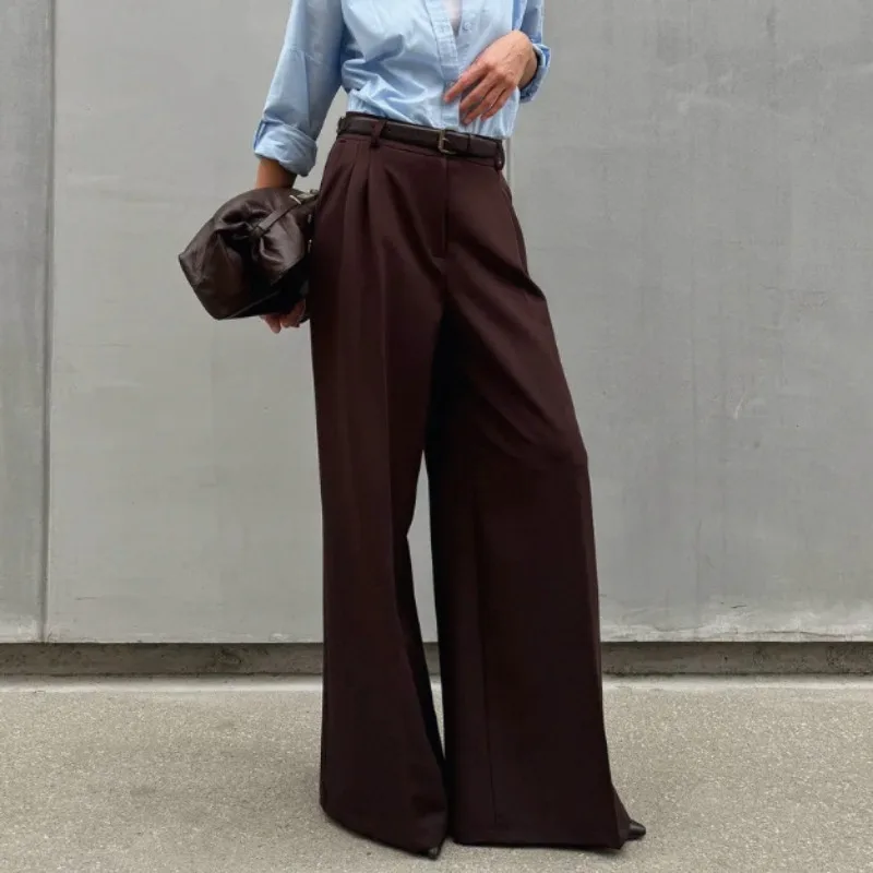 Women Maillard High Waist Suit Pants Pleated Wide Leg Trousers Draped Floor Length Commuter Casual Pants