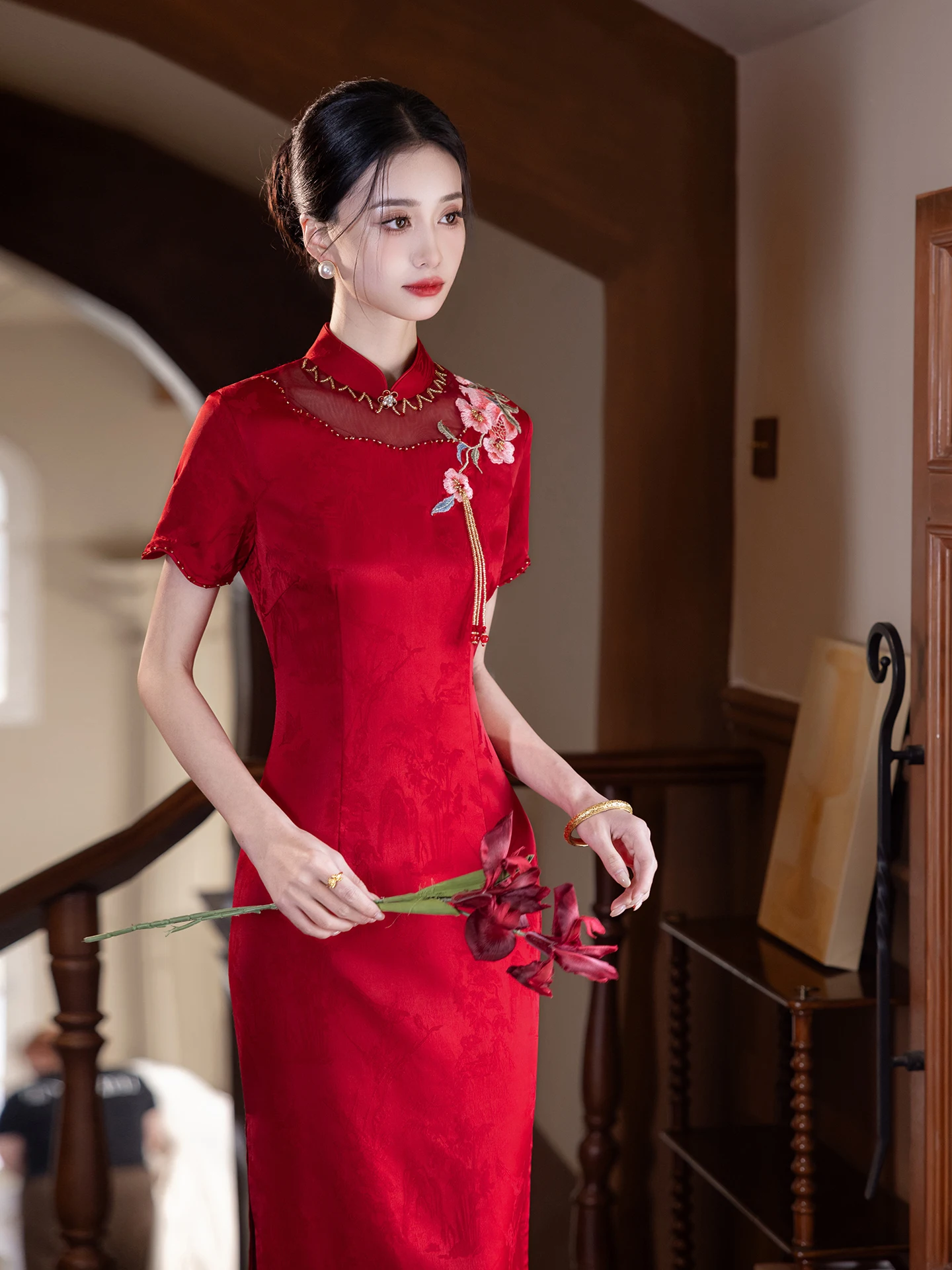

Красное вышитое свадебное платье с коротким рукавом, приталенное, с завышенной талией, для помолвки и повседневной носки, из полиэфирного волокна