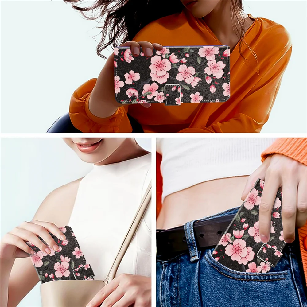 Phone Case for Samsung Galaxy A57 A37 A27 A17 A07 A56 A36 A26 A16 A55 A35 A25 A15 Cases Fashion Flower Leather Flip Cover Strap