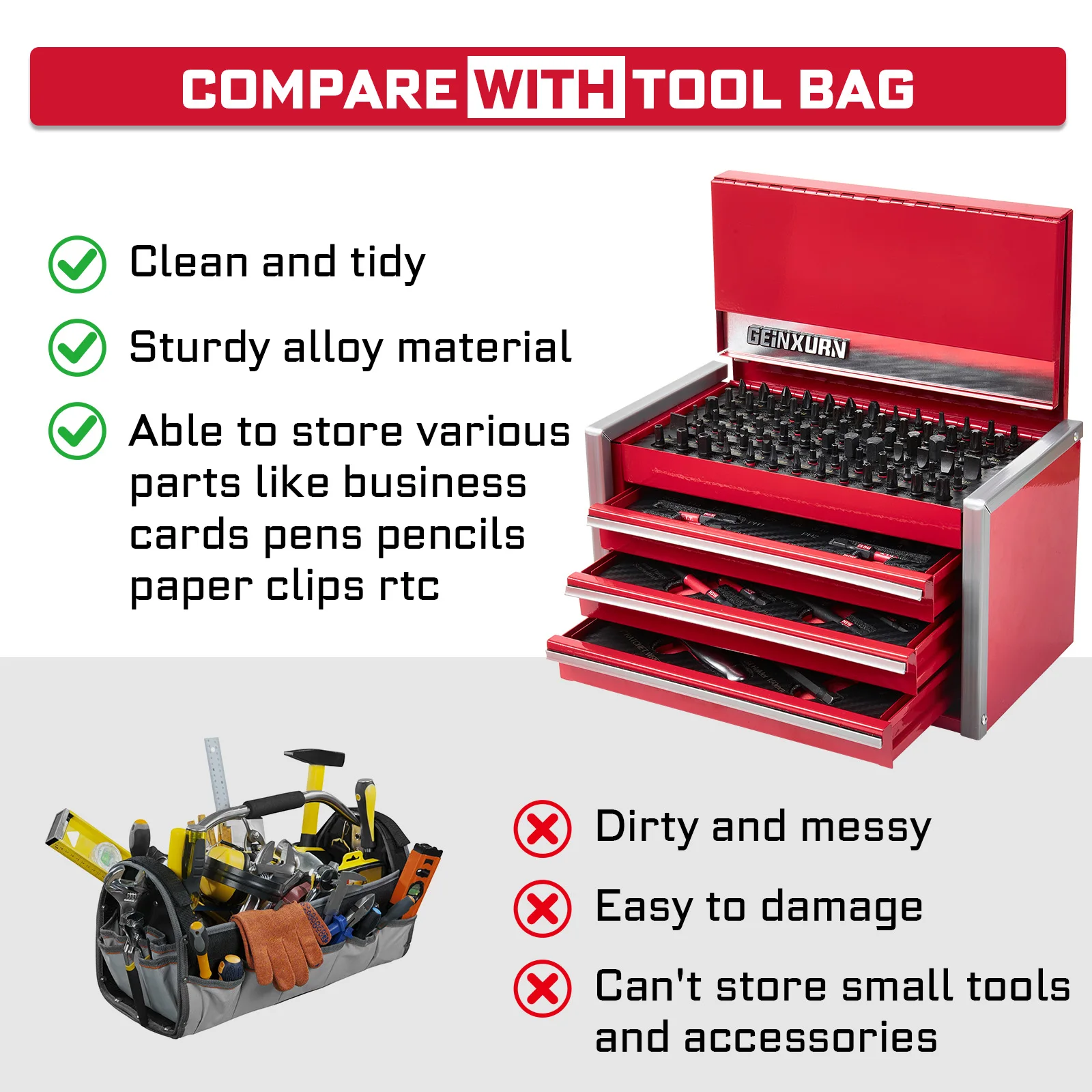 Geinxurn 103/106PCS Tool Set, Heavy-Duty Red Tool Chest with 4 Drawers, Professional Socket For Motorcycle Maintenance